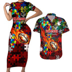 Dragons Autism Awareness Couples Matching Short Sleeve Bodycon Dress and Hawaiian Shirt Puzzle Flames Rugby Ball