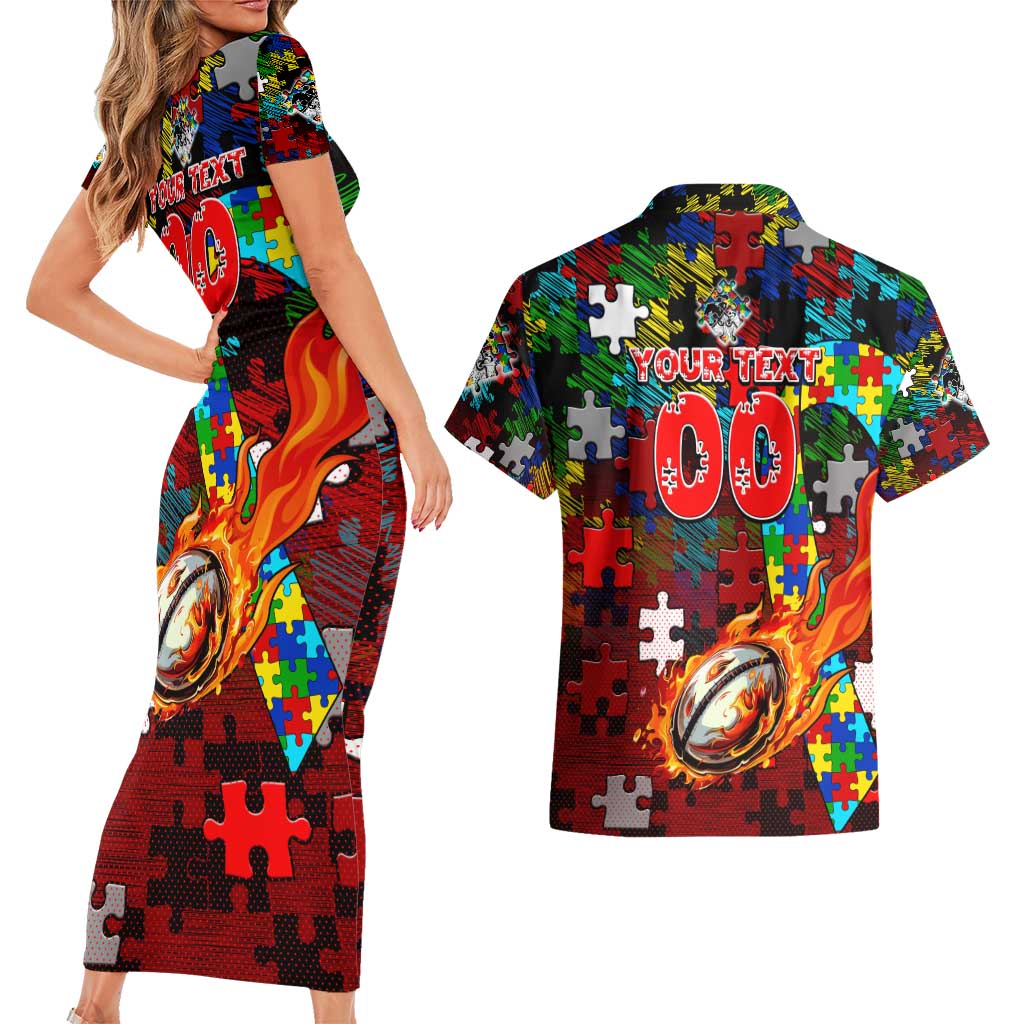 Dragons Autism Awareness Couples Matching Short Sleeve Bodycon Dress and Hawaiian Shirt Puzzle Flames Rugby Ball