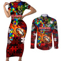 Dragons Autism Awareness Couples Matching Short Sleeve Bodycon Dress and Long Sleeve Button Shirt Puzzle Flames Rugby Ball