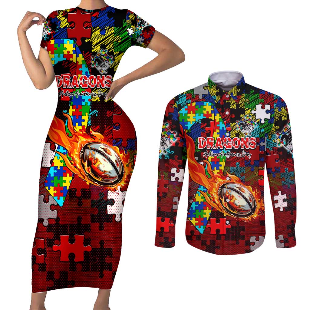 Dragons Autism Awareness Couples Matching Short Sleeve Bodycon Dress and Long Sleeve Button Shirt Puzzle Flames Rugby Ball