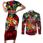 Dragons Autism Awareness Couples Matching Short Sleeve Bodycon Dress and Long Sleeve Button Shirt Puzzle Flames Rugby Ball