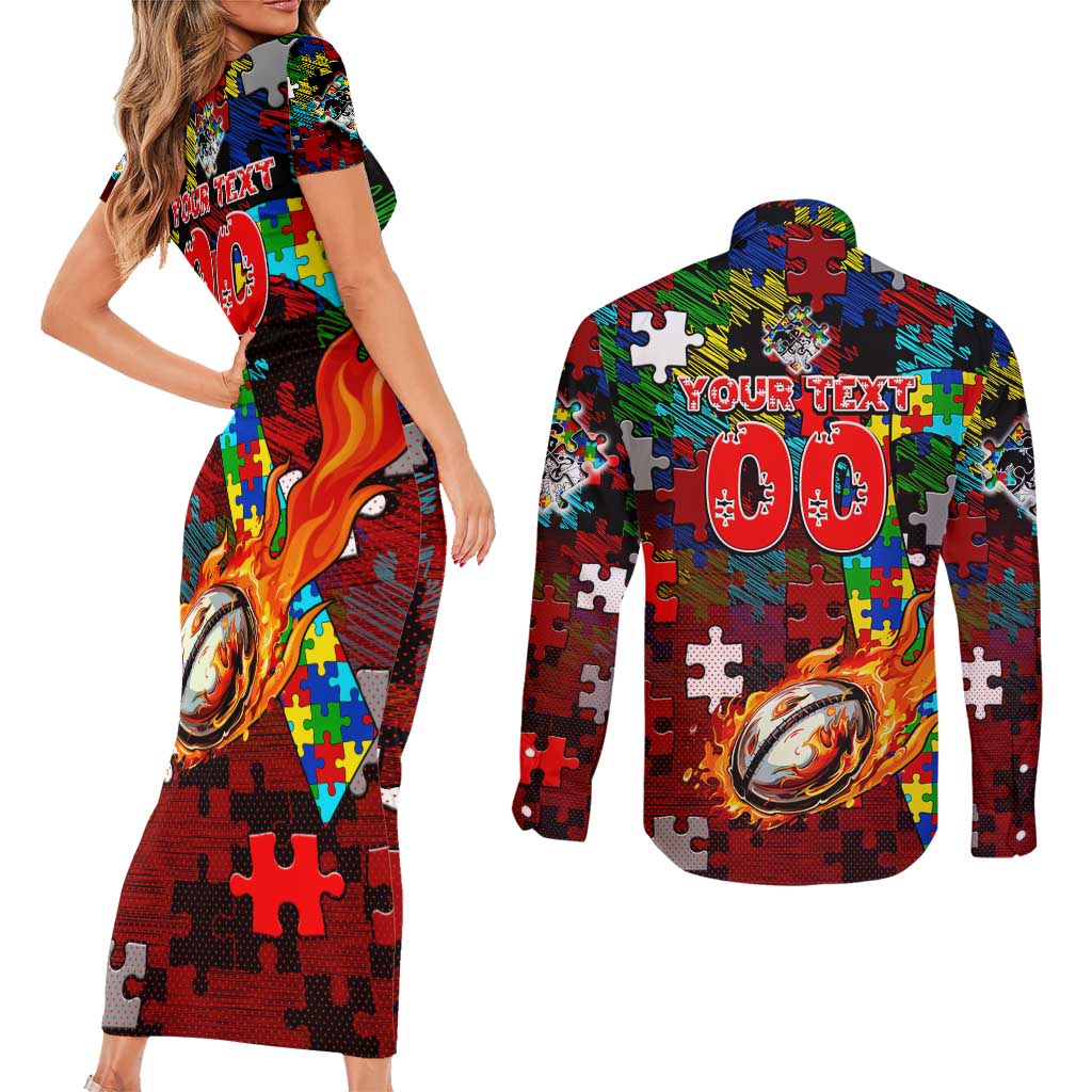 Dragons Autism Awareness Couples Matching Short Sleeve Bodycon Dress and Long Sleeve Button Shirt Puzzle Flames Rugby Ball