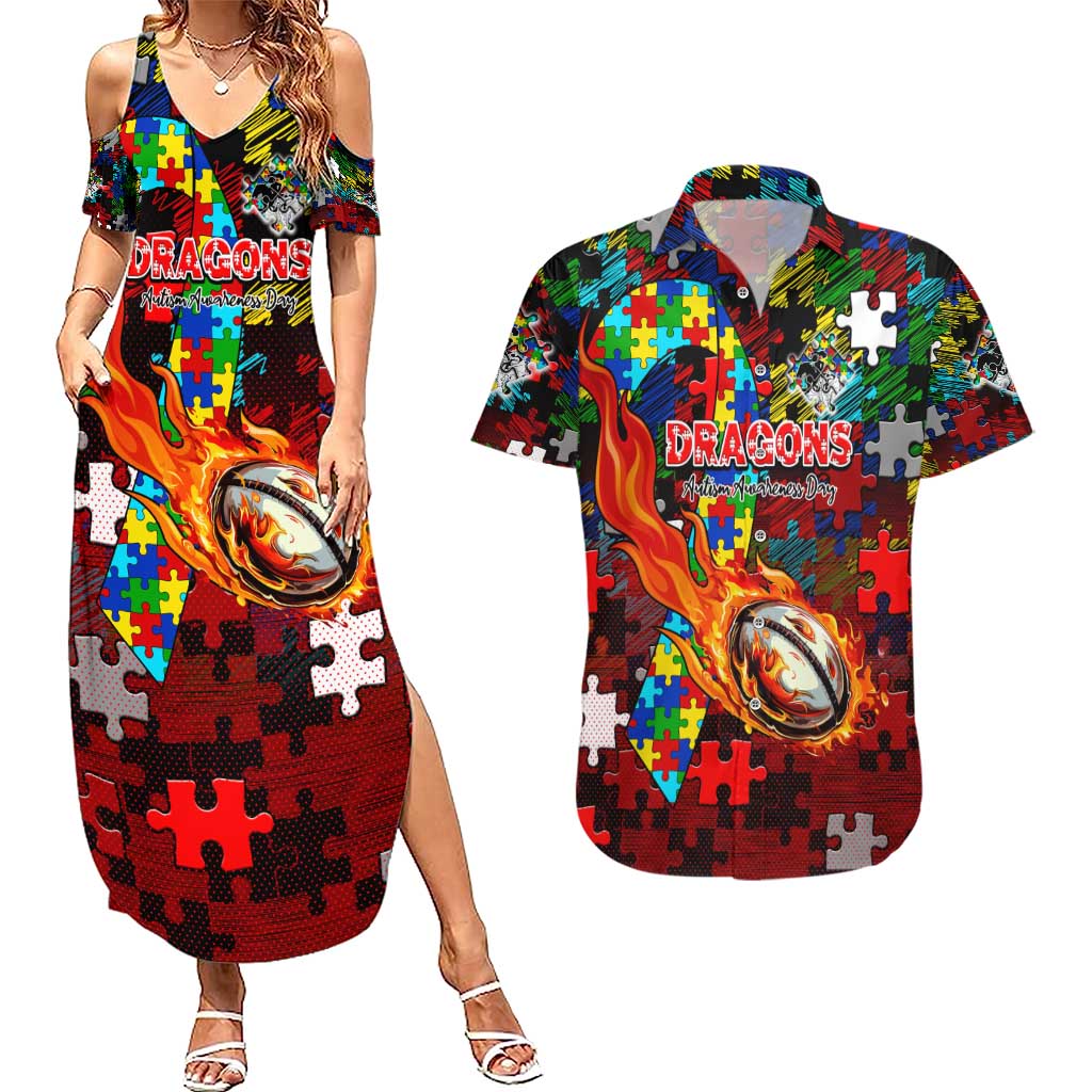 Dragons Autism Awareness Couples Matching Summer Maxi Dress and Hawaiian Shirt Puzzle Flames Rugby Ball