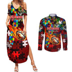 Dragons Autism Awareness Couples Matching Summer Maxi Dress and Long Sleeve Button Shirt Puzzle Flames Rugby Ball