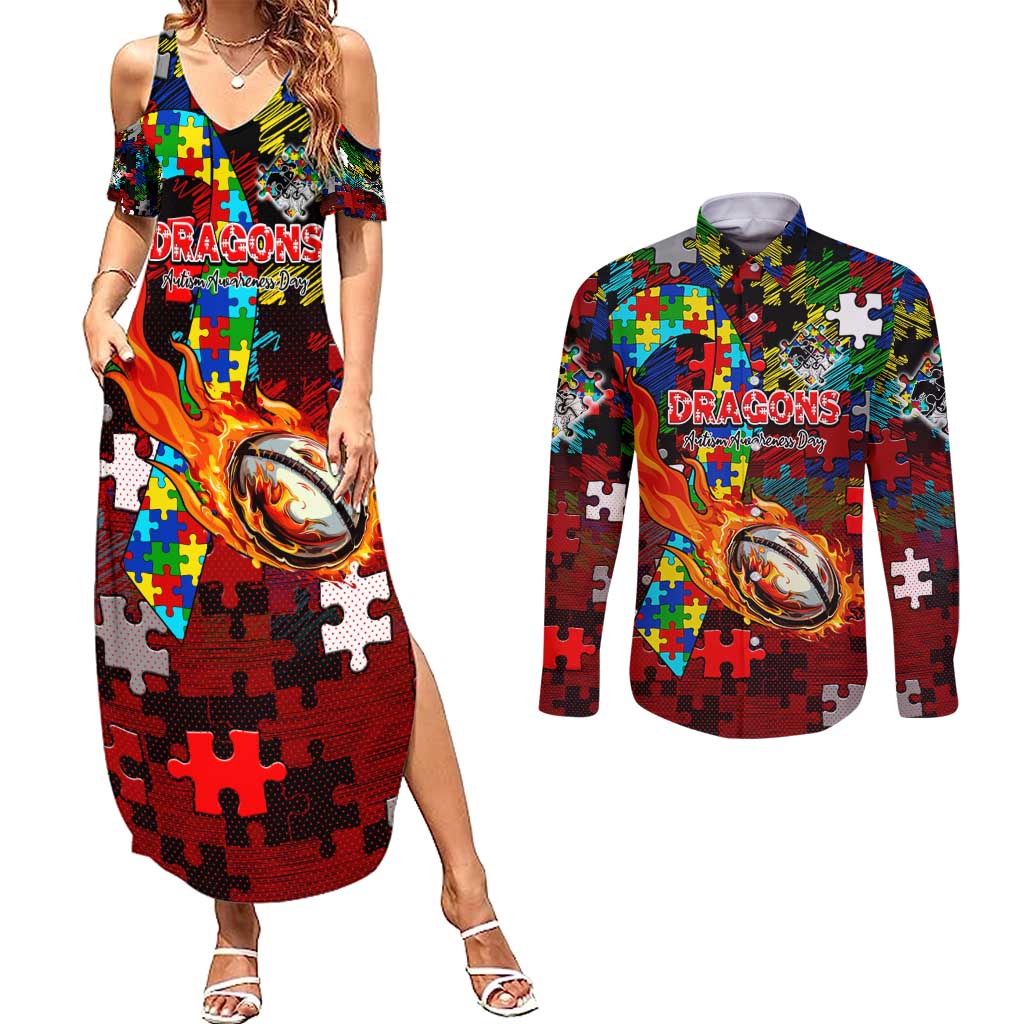 Dragons Autism Awareness Couples Matching Summer Maxi Dress and Long Sleeve Button Shirt Puzzle Flames Rugby Ball