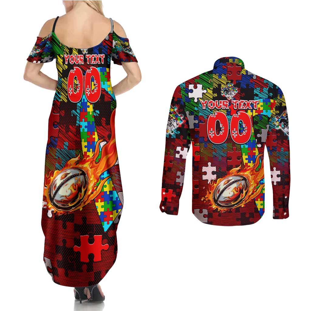 Dragons Autism Awareness Couples Matching Summer Maxi Dress and Long Sleeve Button Shirt Puzzle Flames Rugby Ball