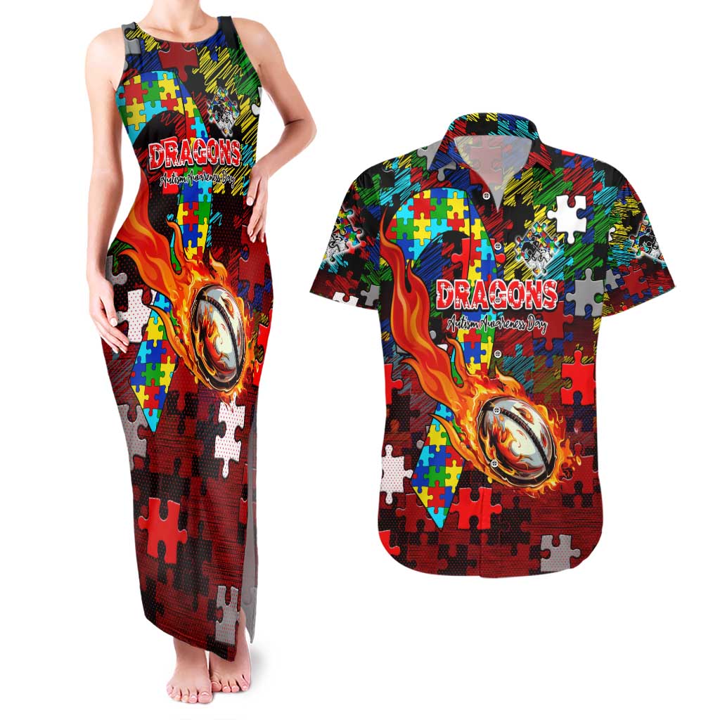 Dragons Autism Awareness Couples Matching Tank Maxi Dress and Hawaiian Shirt Puzzle Flames Rugby Ball