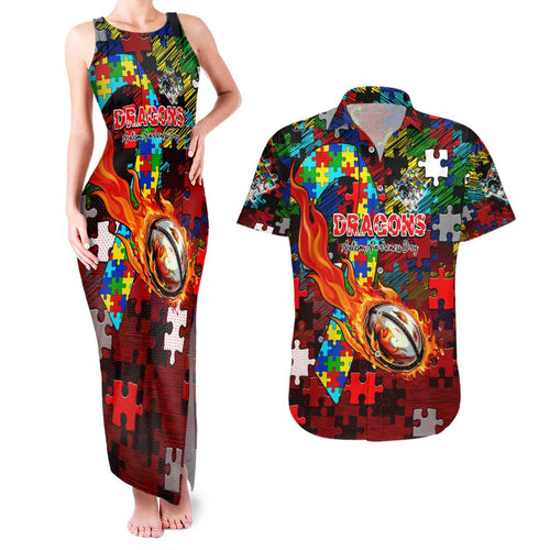 Dragons Autism Awareness Couples Matching Tank Maxi Dress and Hawaiian Shirt Puzzle Flames Rugby Ball