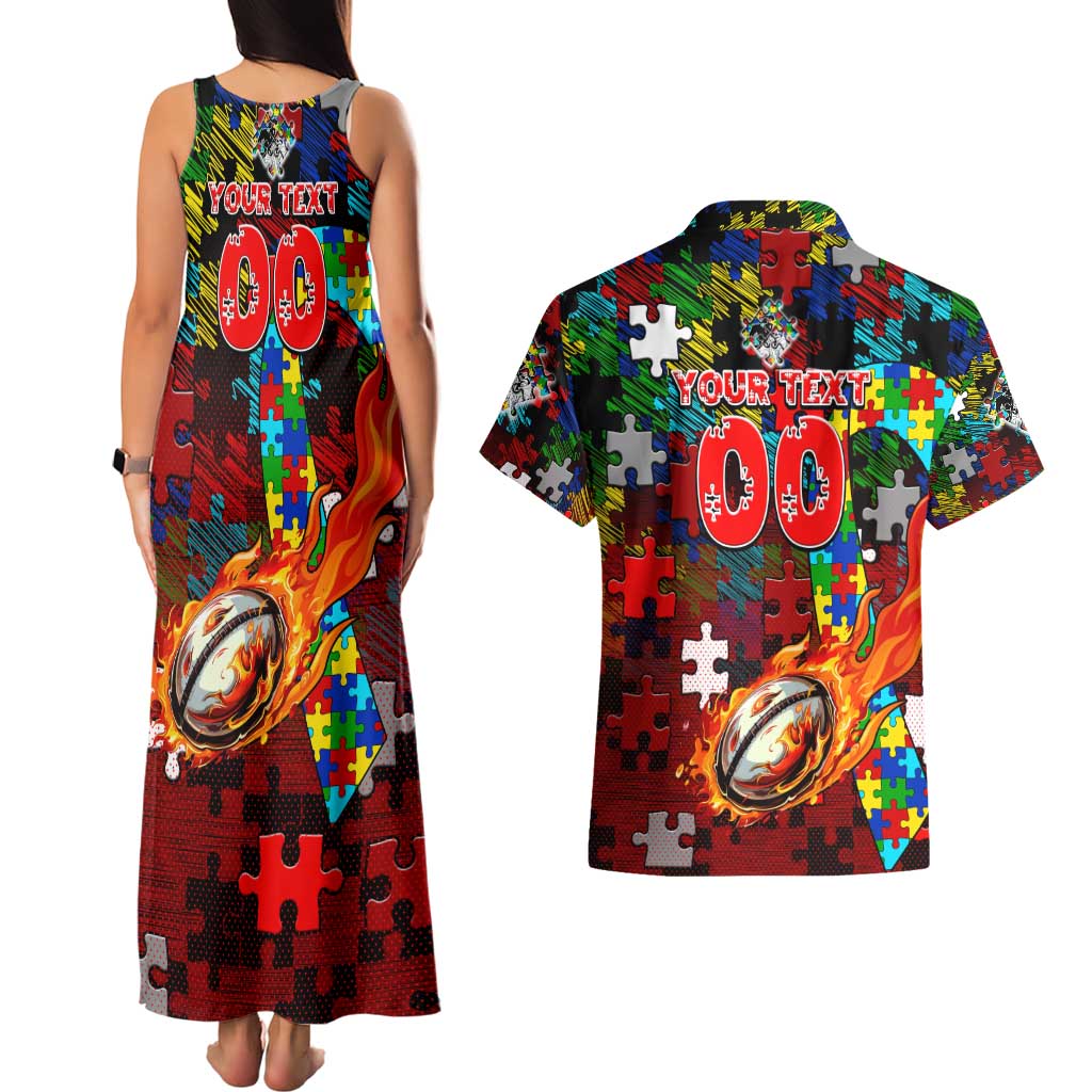Dragons Autism Awareness Couples Matching Tank Maxi Dress and Hawaiian Shirt Puzzle Flames Rugby Ball