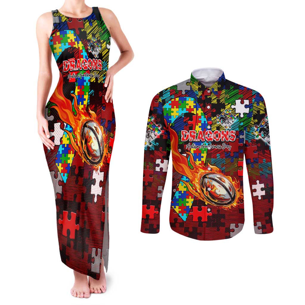 Dragons Autism Awareness Couples Matching Tank Maxi Dress and Long Sleeve Button Shirt Puzzle Flames Rugby Ball