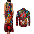 Dragons Autism Awareness Couples Matching Tank Maxi Dress and Long Sleeve Button Shirt Puzzle Flames Rugby Ball