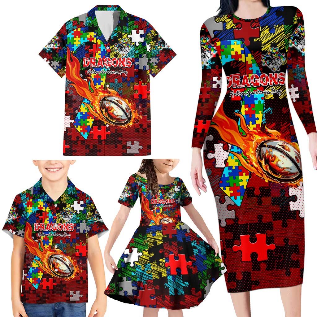 Dragons Autism Awareness Family Matching Long Sleeve Bodycon Dress and Hawaiian Shirt Puzzle Flames Rugby Ball