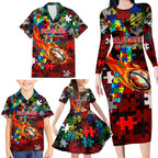 Dragons Autism Awareness Family Matching Long Sleeve Bodycon Dress and Hawaiian Shirt Puzzle Flames Rugby Ball