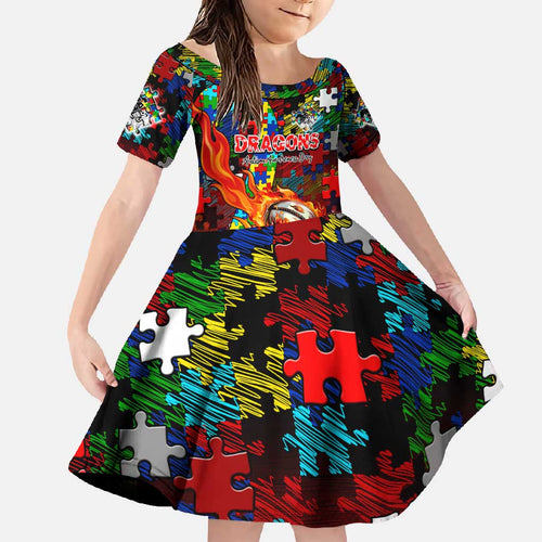 Dragons Autism Awareness Family Matching Long Sleeve Bodycon Dress and Hawaiian Shirt Puzzle Flames Rugby Ball