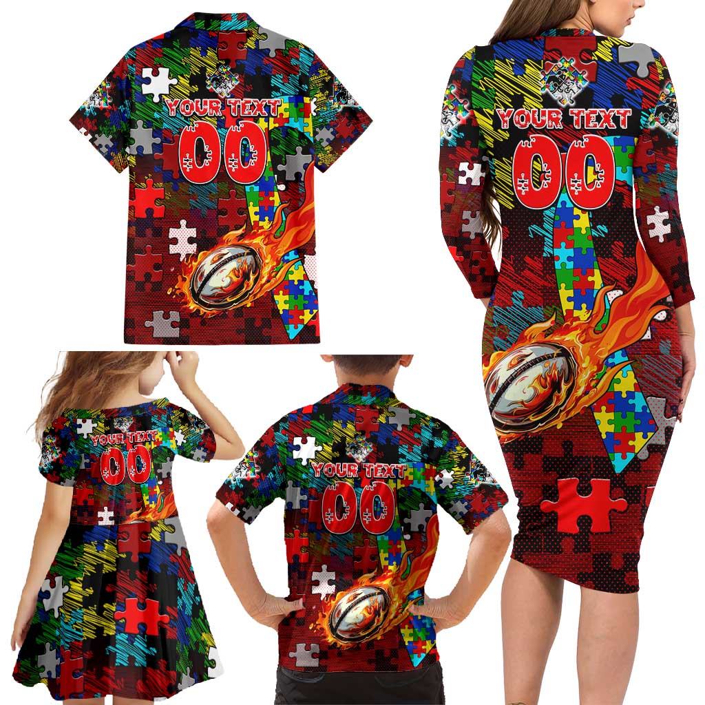 Dragons Autism Awareness Family Matching Long Sleeve Bodycon Dress and Hawaiian Shirt Puzzle Flames Rugby Ball