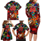 Dragons Autism Awareness Family Matching Long Sleeve Bodycon Dress and Hawaiian Shirt Puzzle Flames Rugby Ball