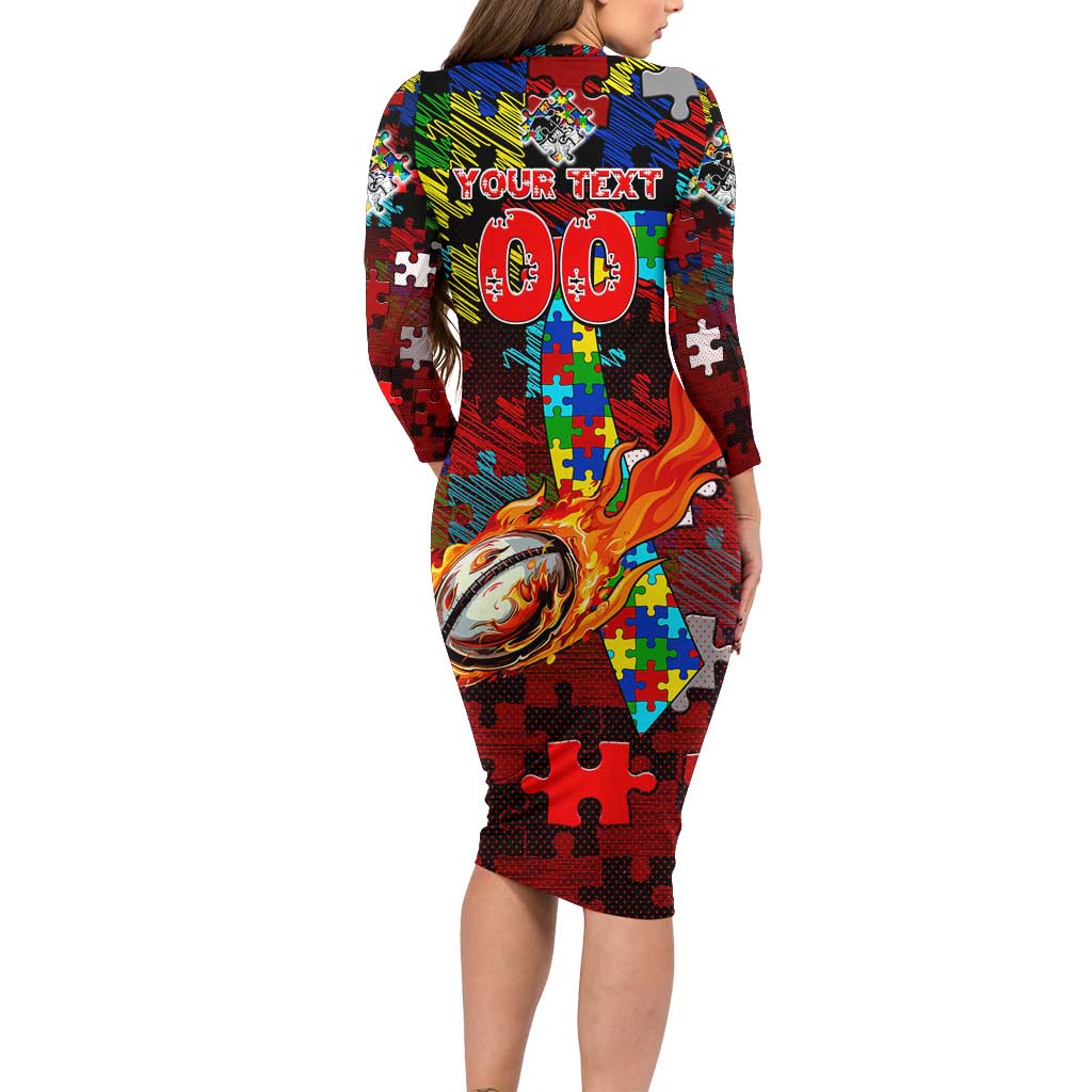 Dragons Autism Awareness Family Matching Long Sleeve Bodycon Dress and Hawaiian Shirt Puzzle Flames Rugby Ball