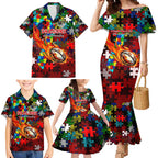 Dragons Autism Awareness Family Matching Mermaid Dress and Hawaiian Shirt Puzzle Flames Rugby Ball