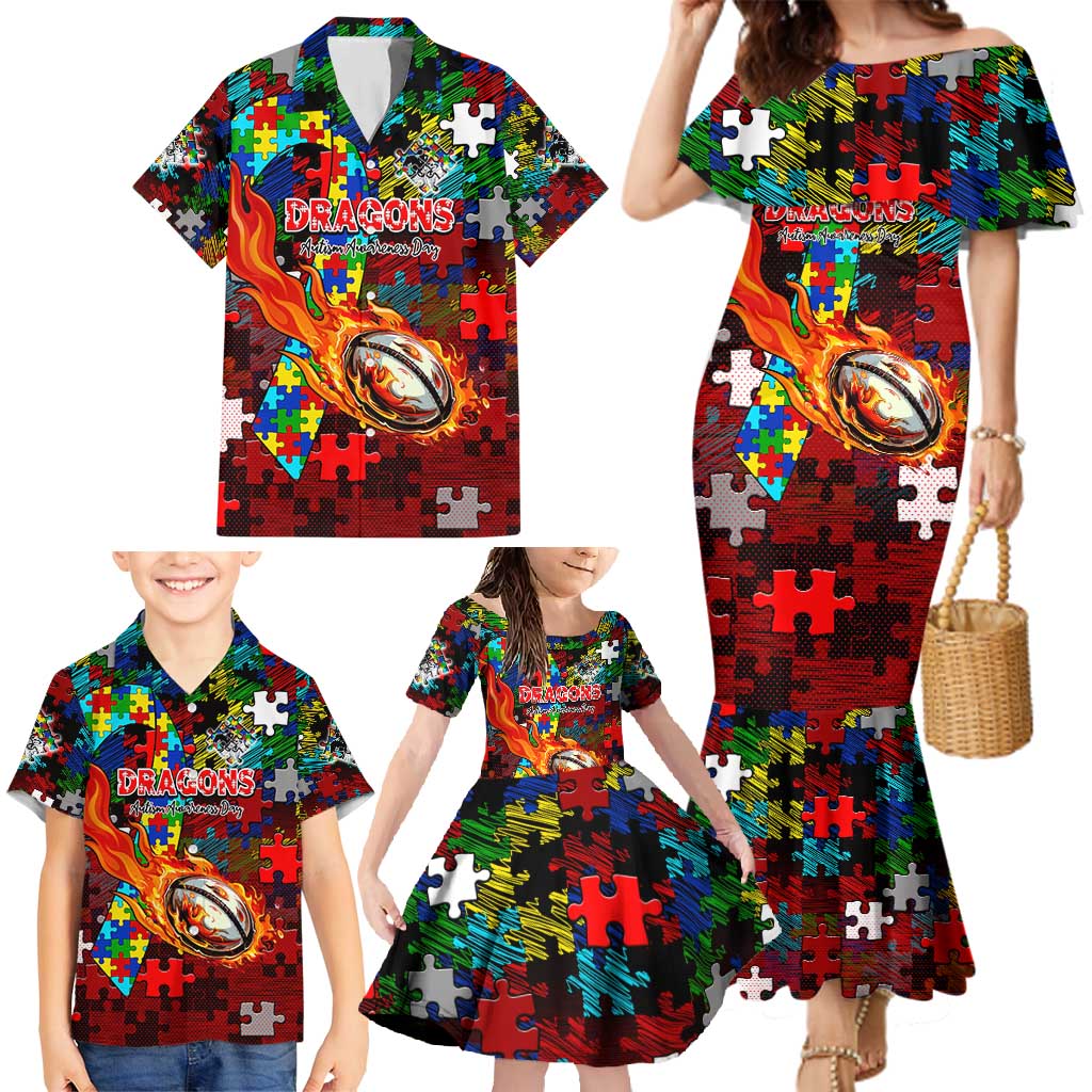 Dragons Autism Awareness Family Matching Mermaid Dress and Hawaiian Shirt Puzzle Flames Rugby Ball