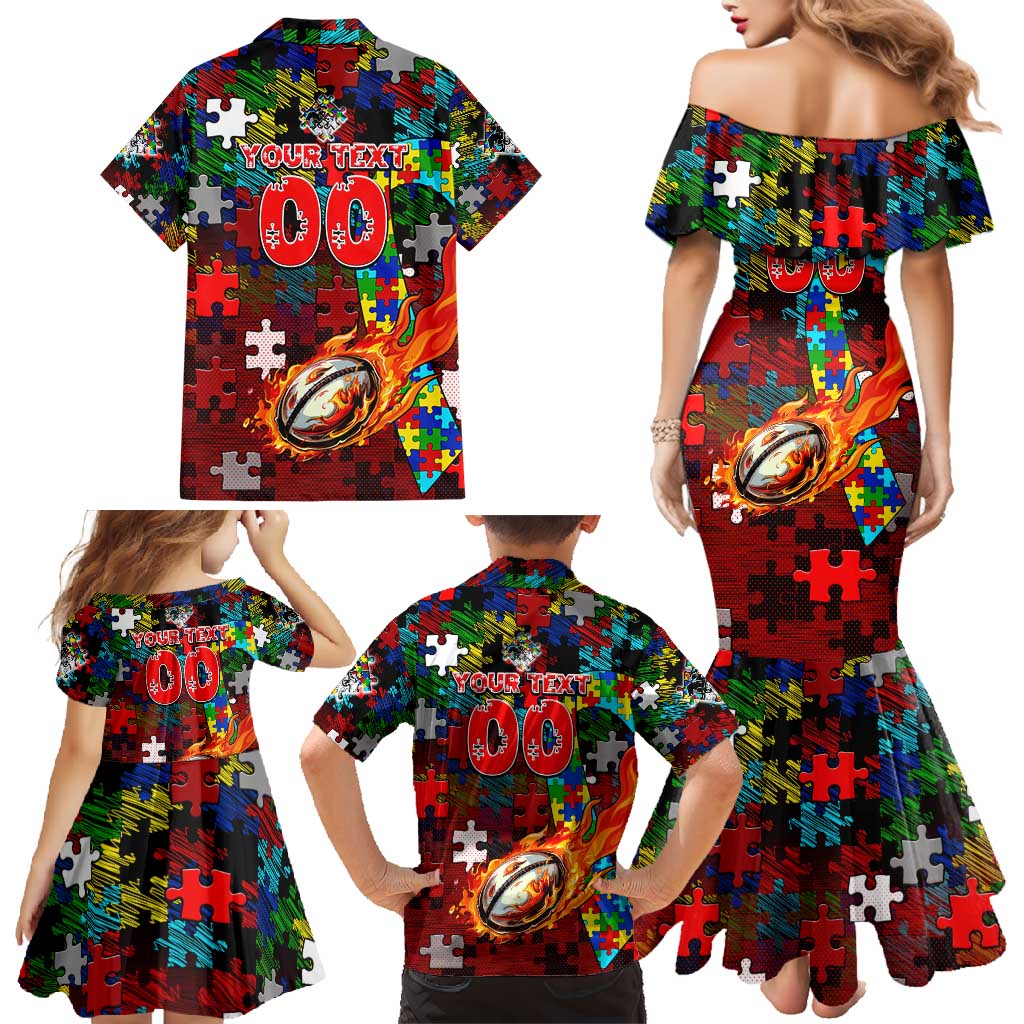 Dragons Autism Awareness Family Matching Mermaid Dress and Hawaiian Shirt Puzzle Flames Rugby Ball