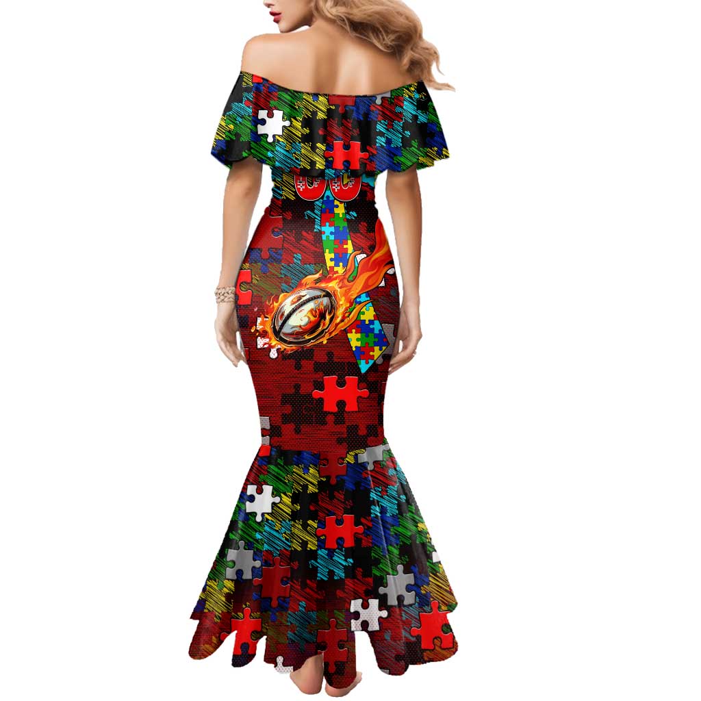 Dragons Autism Awareness Family Matching Mermaid Dress and Hawaiian Shirt Puzzle Flames Rugby Ball