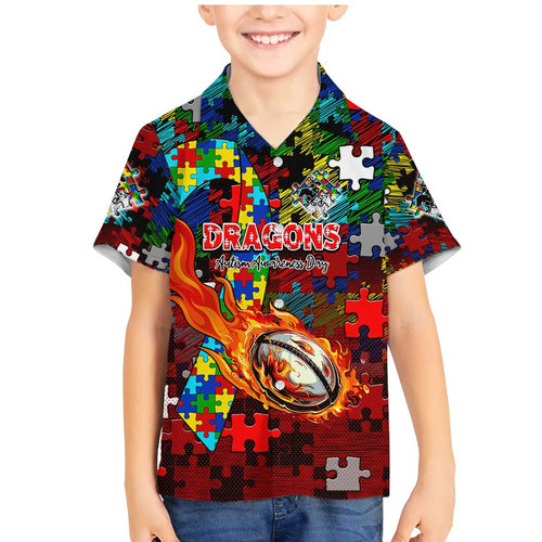 Dragons Autism Awareness Family Matching Mermaid Dress and Hawaiian Shirt Puzzle Flames Rugby Ball