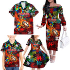 Dragons Autism Awareness Family Matching Off The Shoulder Long Sleeve Dress and Hawaiian Shirt Puzzle Flames Rugby Ball