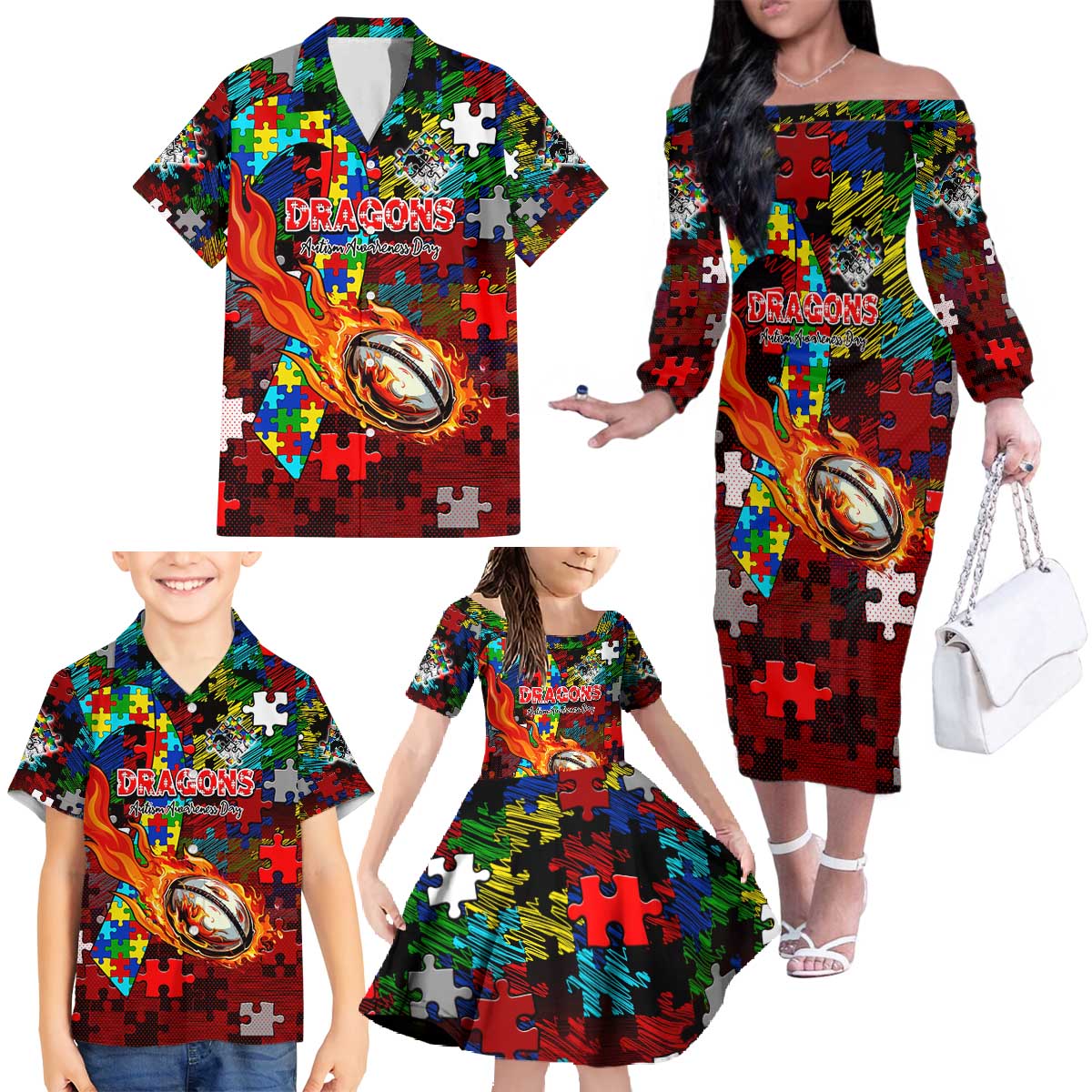 Dragons Autism Awareness Family Matching Off The Shoulder Long Sleeve Dress and Hawaiian Shirt Puzzle Flames Rugby Ball