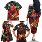 Dragons Autism Awareness Family Matching Off The Shoulder Long Sleeve Dress and Hawaiian Shirt Puzzle Flames Rugby Ball