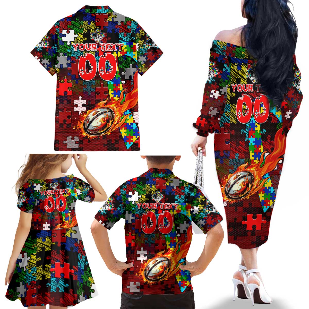 Dragons Autism Awareness Family Matching Off The Shoulder Long Sleeve Dress and Hawaiian Shirt Puzzle Flames Rugby Ball