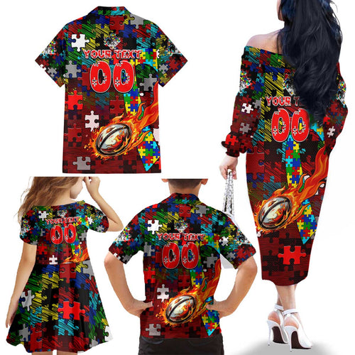 Dragons Autism Awareness Family Matching Off The Shoulder Long Sleeve Dress and Hawaiian Shirt Puzzle Flames Rugby Ball