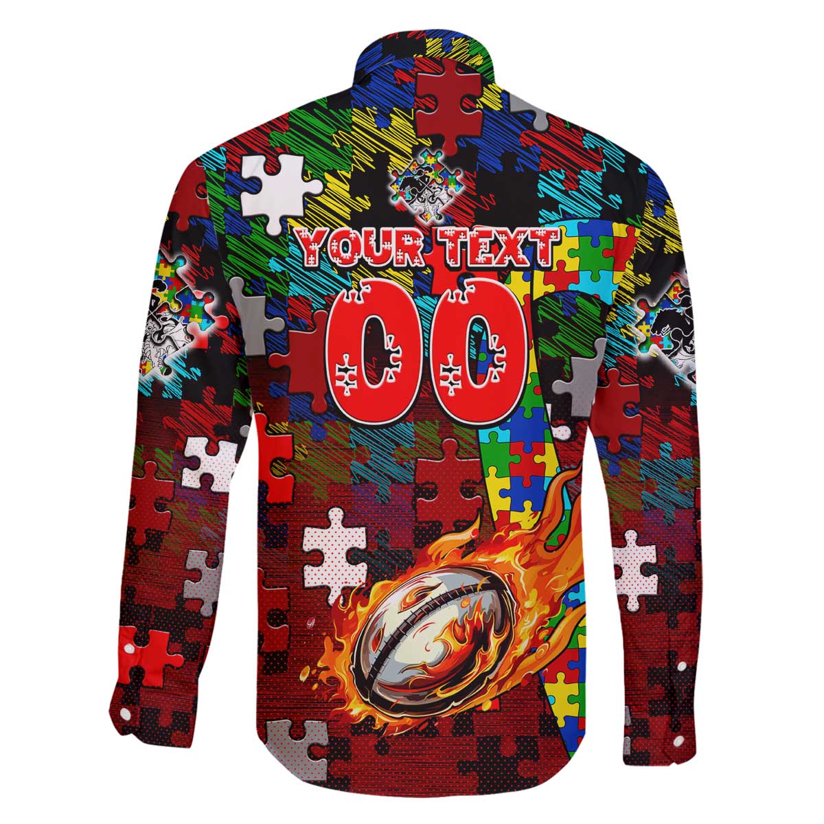 Dragons Autism Awareness Family Matching Off The Shoulder Long Sleeve Dress and Hawaiian Shirt Puzzle Flames Rugby Ball
