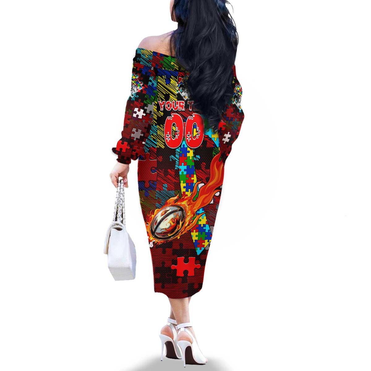Dragons Autism Awareness Family Matching Off The Shoulder Long Sleeve Dress and Hawaiian Shirt Puzzle Flames Rugby Ball