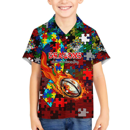 Dragons Autism Awareness Family Matching Off The Shoulder Long Sleeve Dress and Hawaiian Shirt Puzzle Flames Rugby Ball