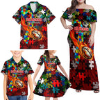 Dragons Autism Awareness Family Matching Off Shoulder Maxi Dress and Hawaiian Shirt Puzzle Flames Rugby Ball