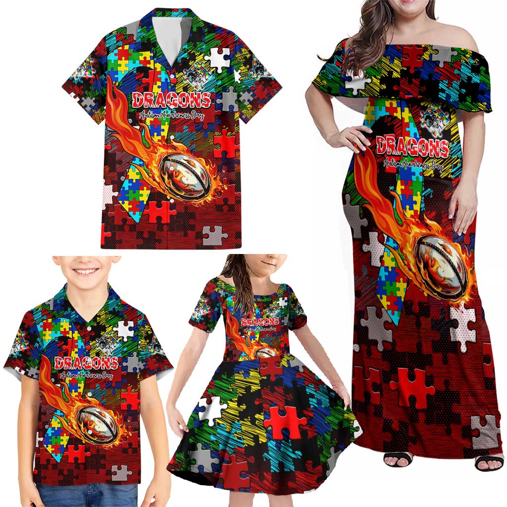 Dragons Autism Awareness Family Matching Off Shoulder Maxi Dress and Hawaiian Shirt Puzzle Flames Rugby Ball