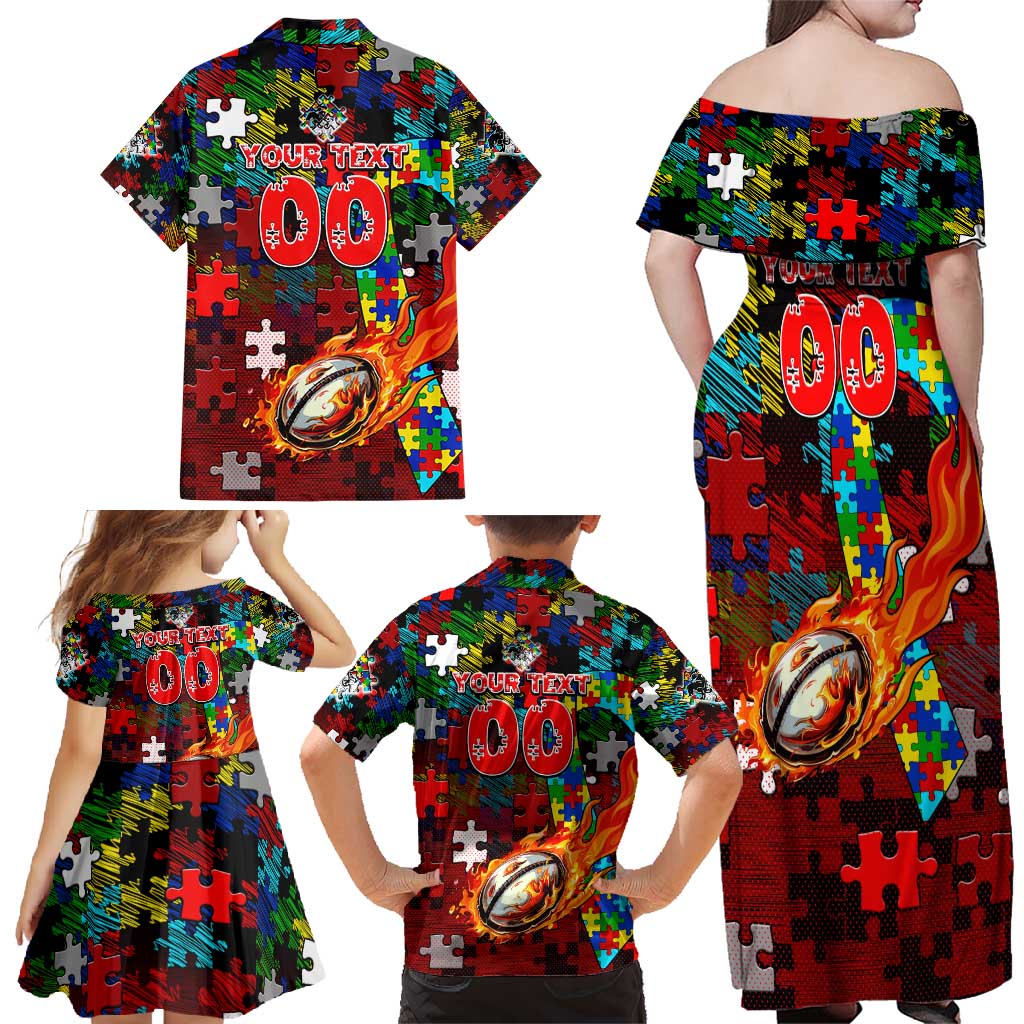 Dragons Autism Awareness Family Matching Off Shoulder Maxi Dress and Hawaiian Shirt Puzzle Flames Rugby Ball