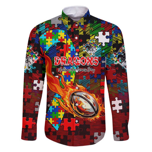 Dragons Autism Awareness Family Matching Off Shoulder Maxi Dress and Hawaiian Shirt Puzzle Flames Rugby Ball