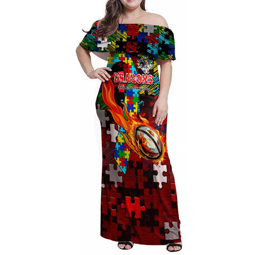Dragons Autism Awareness Family Matching Off Shoulder Maxi Dress and Hawaiian Shirt Puzzle Flames Rugby Ball
