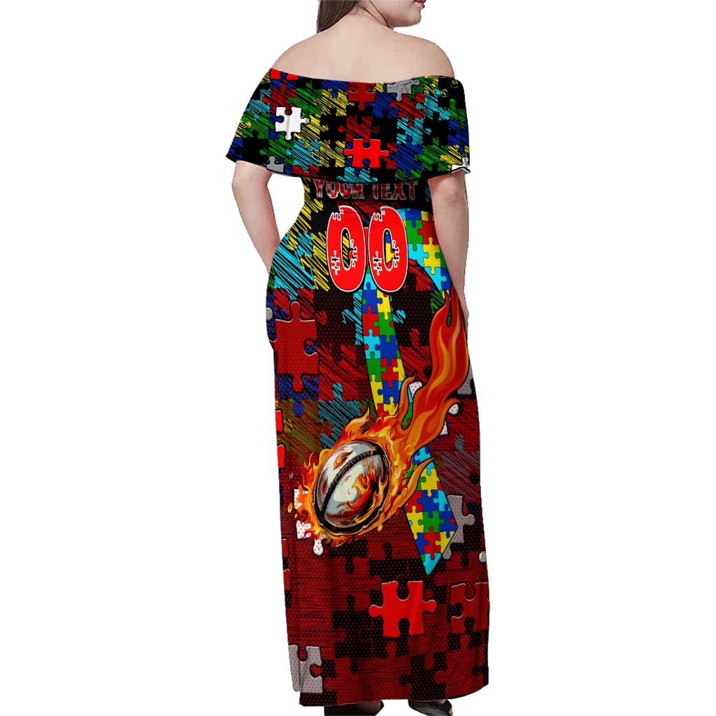 Dragons Autism Awareness Family Matching Off Shoulder Maxi Dress and Hawaiian Shirt Puzzle Flames Rugby Ball