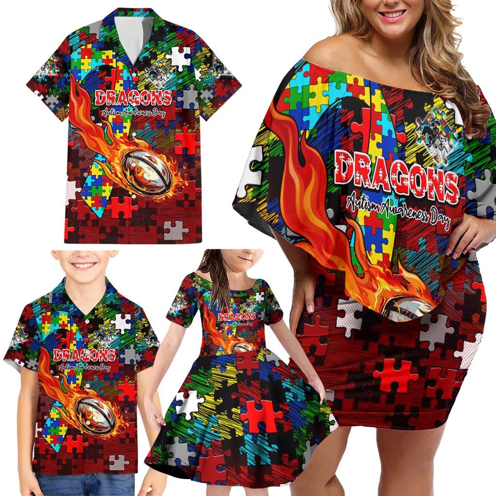 Dragons Autism Awareness Family Matching Off Shoulder Short Dress and Hawaiian Shirt Puzzle Flames Rugby Ball