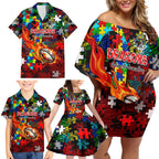 Dragons Autism Awareness Family Matching Off Shoulder Short Dress and Hawaiian Shirt Puzzle Flames Rugby Ball