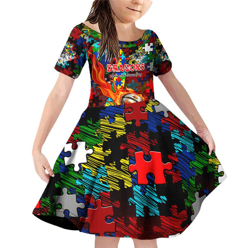 Dragons Autism Awareness Family Matching Off Shoulder Short Dress and Hawaiian Shirt Puzzle Flames Rugby Ball