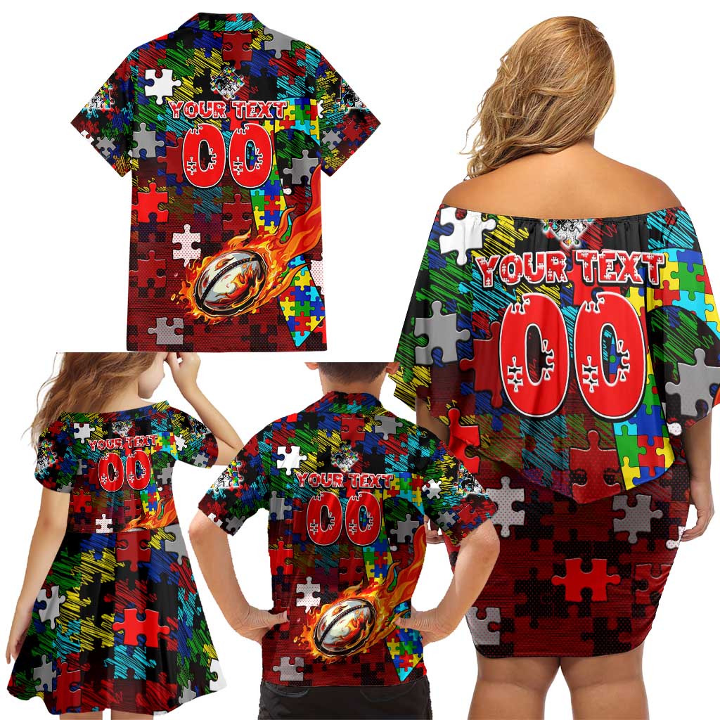 Dragons Autism Awareness Family Matching Off Shoulder Short Dress and Hawaiian Shirt Puzzle Flames Rugby Ball
