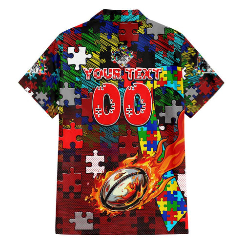 Dragons Autism Awareness Family Matching Off Shoulder Short Dress and Hawaiian Shirt Puzzle Flames Rugby Ball