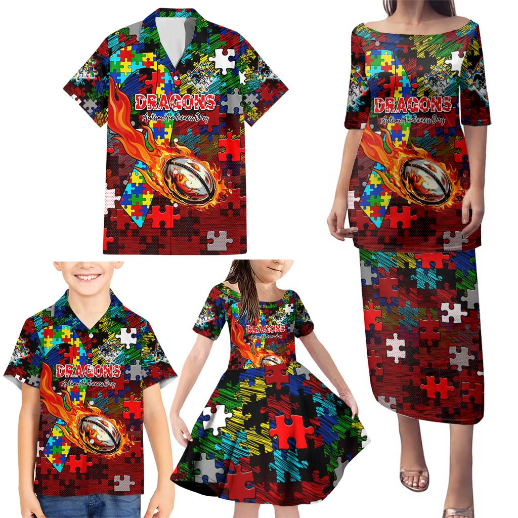Dragons Autism Awareness Family Matching Puletasi and Hawaiian Shirt Puzzle Flames Rugby Ball