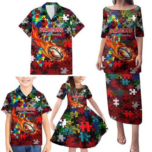 Dragons Autism Awareness Family Matching Puletasi and Hawaiian Shirt Puzzle Flames Rugby Ball