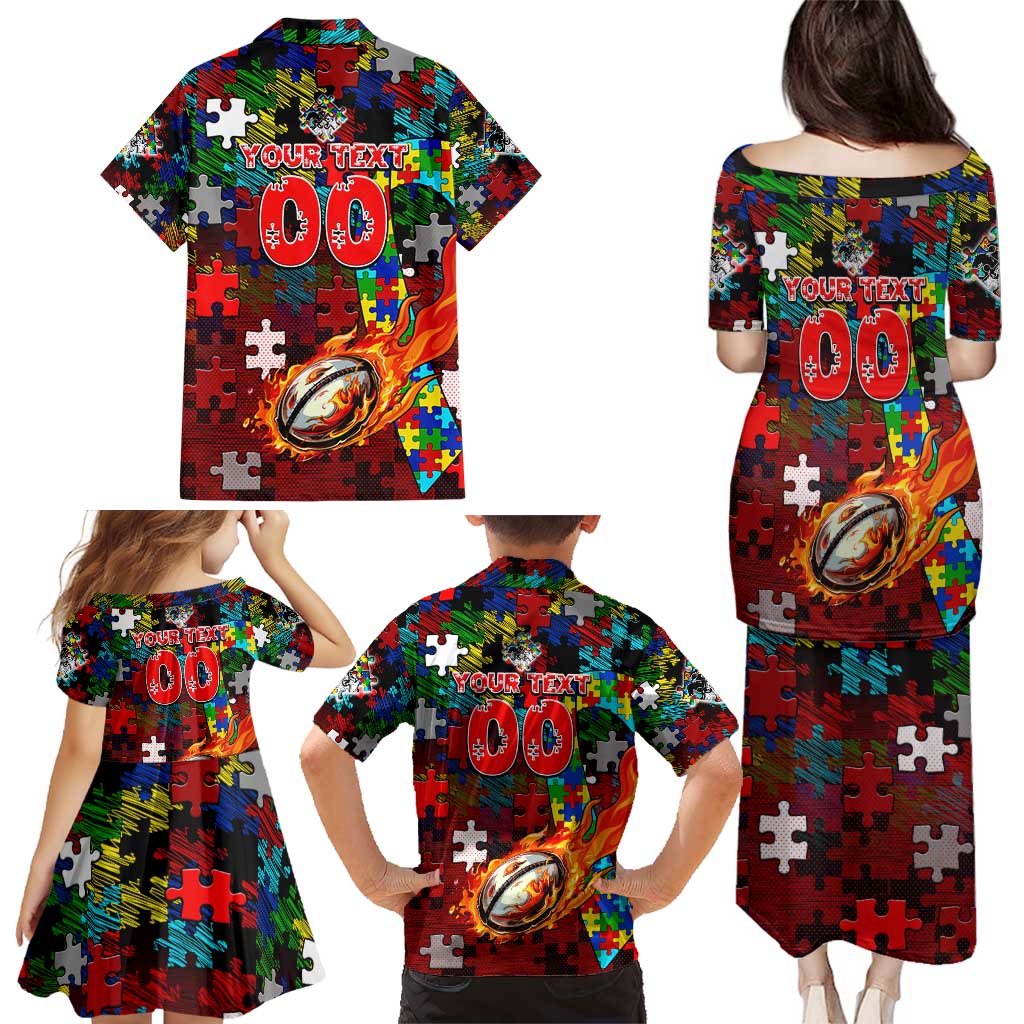 Dragons Autism Awareness Family Matching Puletasi and Hawaiian Shirt Puzzle Flames Rugby Ball