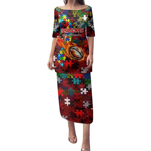 Dragons Autism Awareness Family Matching Puletasi and Hawaiian Shirt Puzzle Flames Rugby Ball
