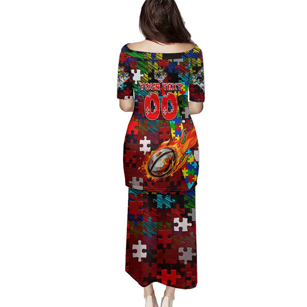 Dragons Autism Awareness Family Matching Puletasi and Hawaiian Shirt Puzzle Flames Rugby Ball